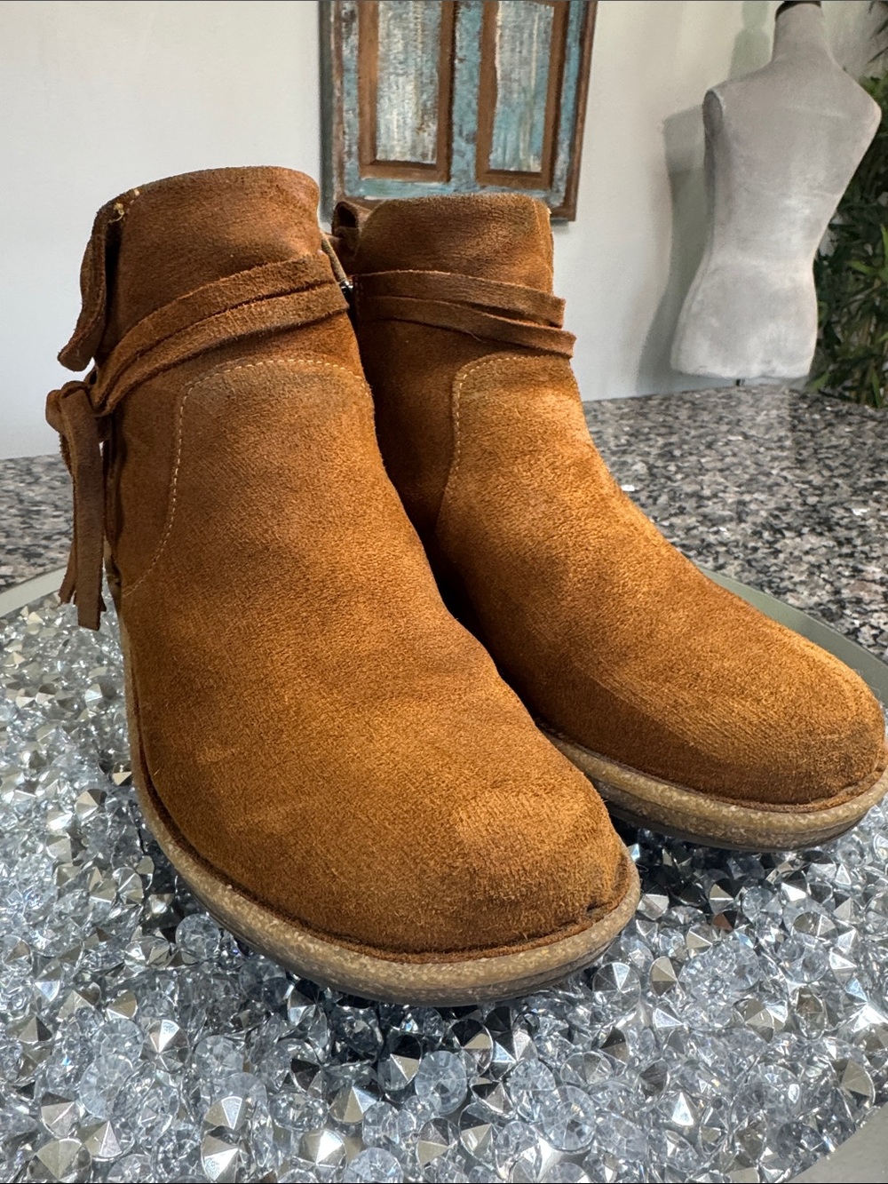 Born Women's Cognac Suede Ankle Booties with Side Tie - Picture 3 of 16